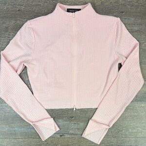 White Fox Boutique Pink Waffle-Knit Cropped Zip-Up Jacket | Size L